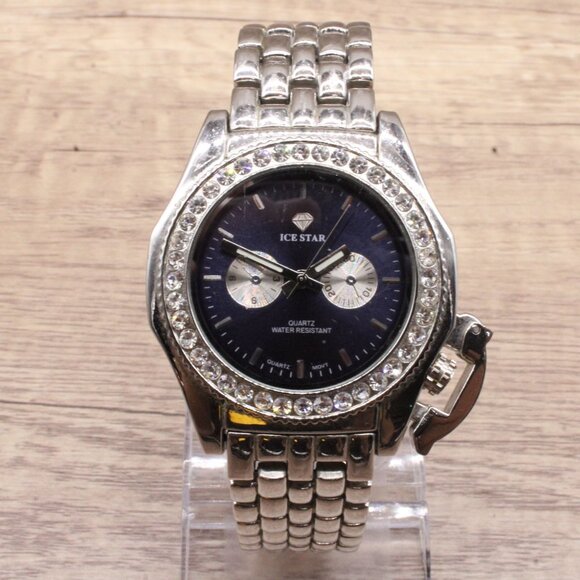ICE STAR Chronograph Watch Mens Silver Tone Stainless Steel Rhinestones Dial - Picture 2 of 9